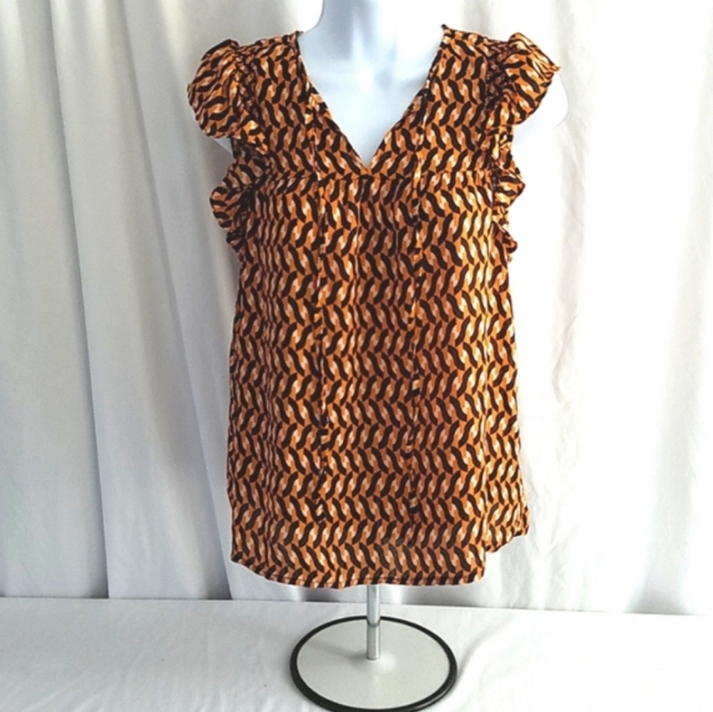 Who What Wear Women's Geometric Print Ruffle Tank Top Brown and Black Size XS
